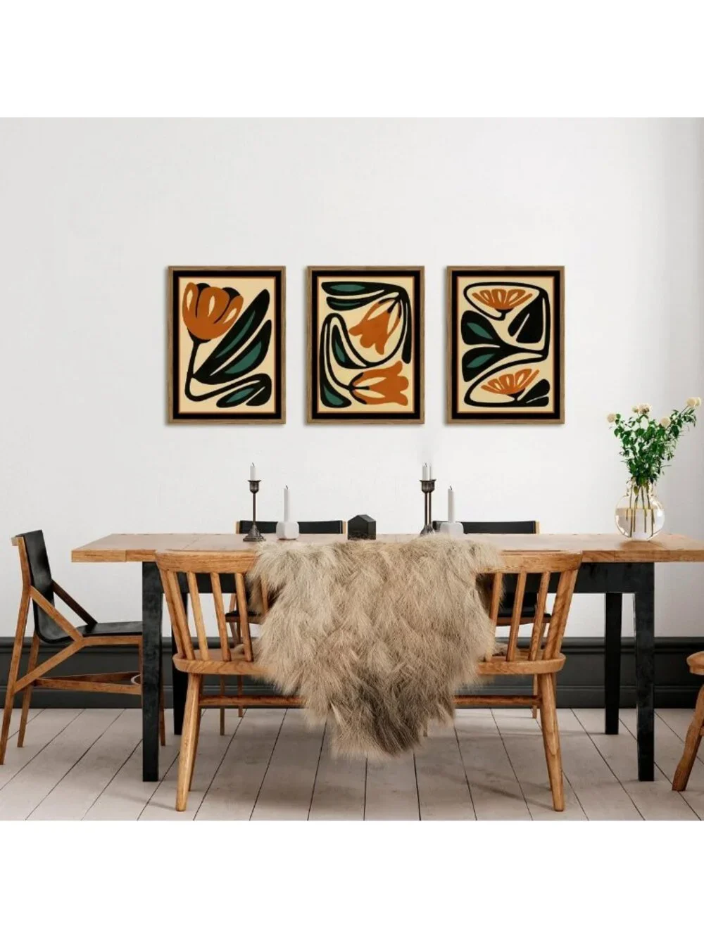Set of 3 Mid Century Floral Wall Art - Modern Abstract Botanical Decor, 12x16